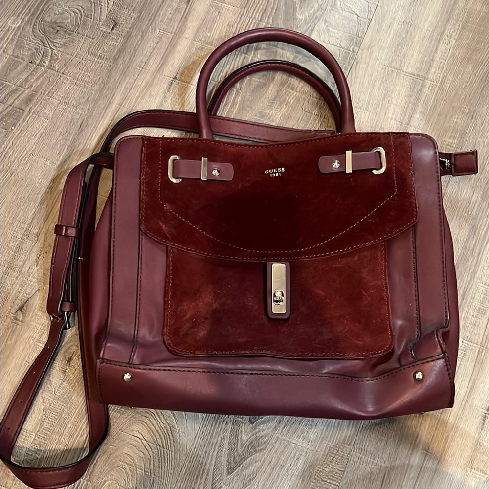 Guess Burgundy Leather and Suede Handbag